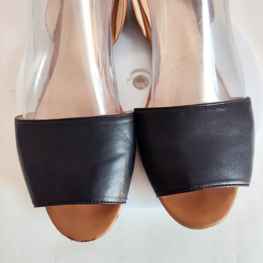 Nine West Tan Black Faux Leather Open Toe Slip On D'Orsay Flats Size 8M‎ Vegan